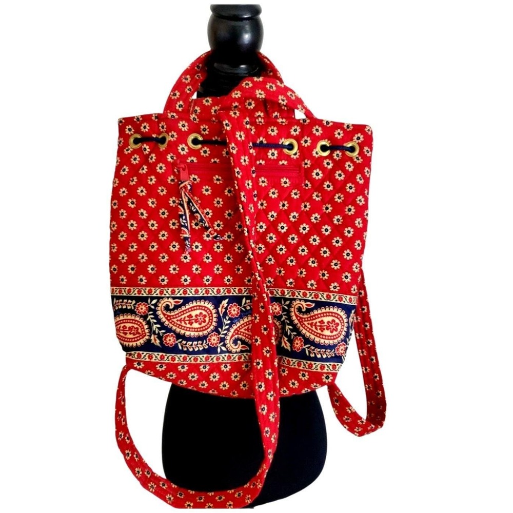 Vera Bradley Red Paisley Fabric Tote Backpack Purse Shoulder Bag Navy‎ Flower